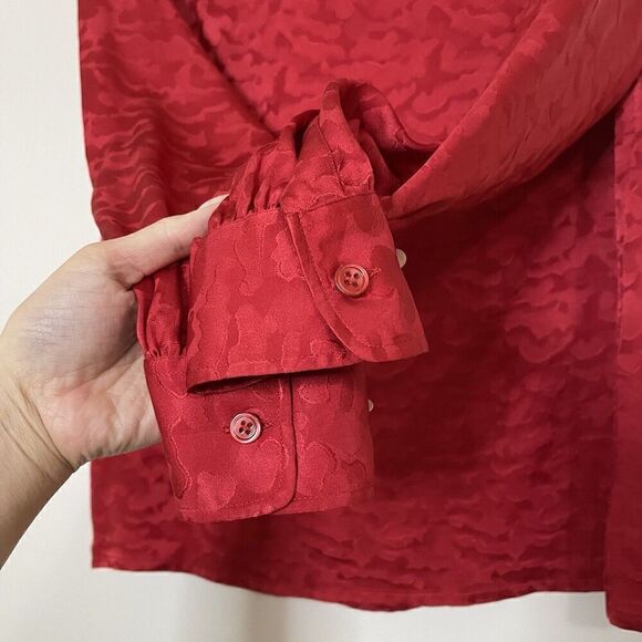 Vintage 1970 Yves Saint Laurent Rive Gauche Red silk button front bow blouse 36 - Picture 9 of 9